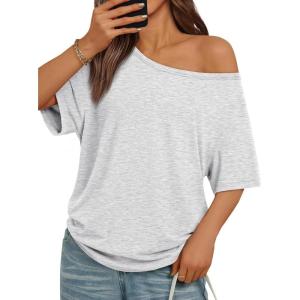 imageTrendy Queen Womens Off The Shoulder Tops Oversized Tshirts Casual Short Sleeve Basic Tees Cute Summer Fashion Clothes 2026Oatmeal Grey