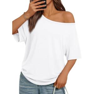 imageTrendy Queen Womens Off The Shoulder Tops Oversized Tshirts Casual Short Sleeve Basic Tees Cute Summer Fashion Clothes 2026White