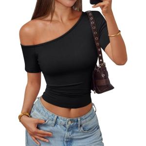imageTrendy Queen Womens One Shoulder Short Sleeve Going Out TShirts 2026 Summer Crop TopsBlack