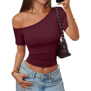 imageTrendy Queen Womens One Shoulder Short Sleeve Going Out TShirts 2026 Summer Crop TopsBurgundy