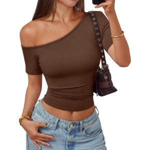 imageTrendy Queen Womens One Shoulder Short Sleeve Going Out TShirts 2026 Summer Crop TopsChocolate Brown