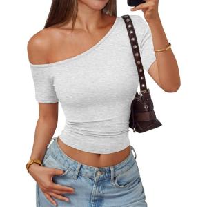 imageTrendy Queen Womens One Shoulder Short Sleeve Going Out TShirts 2026 Summer Crop TopsOatmeal Grey