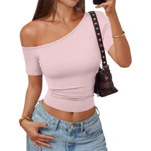 imageTrendy Queen Womens One Shoulder Short Sleeve Going Out TShirts 2026 Summer Crop TopsPink