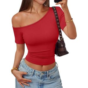 imageTrendy Queen Womens One Shoulder Short Sleeve Going Out TShirts 2026 Summer Crop TopsRed