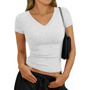 imageTrendy Queen Womens Short Sleeve Shirts V Neck Basic Crop Tops 2026 Fashion Summer Cute Tee Slim Fit Workout Y2k ClothesOatmeal Grey