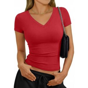 imageTrendy Queen Womens Short Sleeve Shirts V Neck Basic Crop Tops 2026 Fashion Summer Cute Tee Slim Fit Workout Y2k ClothesRed