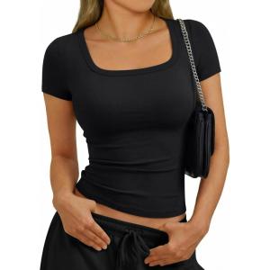 imageTrendy Queen Womens Short Sleeve Square Neck Basic T Shirts Slim Fit Crop Y2k TeeBlack
