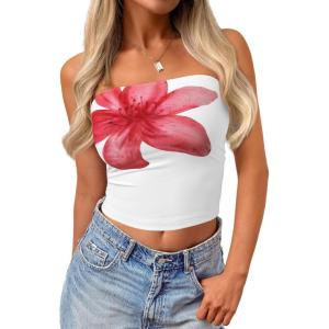 imageTrendy Queen Womens Tube Tops Going Out Summer Y2k Bandeau Trendy Crop Sleeveless Strapless Cute Teens 2026 Corset FloralRed Flower