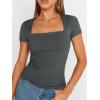imageTrendy Queen Womens Square Neck Tops Short Sleeve Shirts Double Lined Workout Summer Clothes Casual Slim Fit TShirtsGray