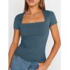 imageTrendy Queen Womens Square Neck Tops Short Sleeve Shirts Double Lined Workout Summer Clothes Casual Slim Fit TShirtsHazeblue