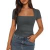 imageTrendy Queen Womens Square Neck Tops Short Sleeve Shirts Double Lined Workout Summer Clothes Casual Slim Fit TShirtsGray