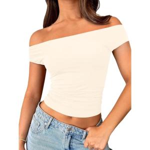 imageTrendy Queen Off The Shoulder Tops for Women Going Out Y2K Summer Cute Shirts Sexy 2026 Double Lined Date Club OutfitsBeige