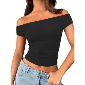imageTrendy Queen Off The Shoulder Tops for Women Going Out Y2K Summer Cute Shirts Sexy 2026 Double Lined Date Club OutfitsBlack