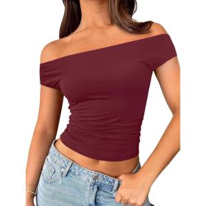 imageTrendy Queen Off The Shoulder Tops for Women Going Out Y2K Summer Cute Shirts Sexy 2026 Double Lined Date Club OutfitsBurgundy