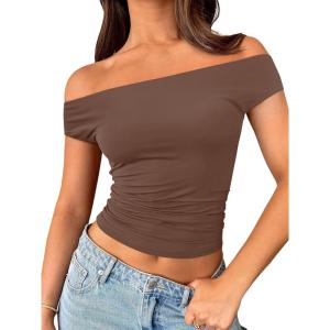 imageTrendy Queen Off The Shoulder Tops for Women Going Out Y2K Summer Cute Shirts Sexy 2026 Double Lined Date Club OutfitsCoffee