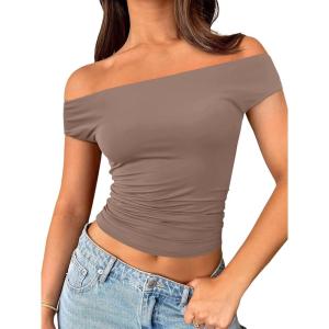 imageTrendy Queen Off The Shoulder Tops for Women Going Out Y2K Summer Cute Shirts Sexy 2026 Double Lined Date Club OutfitsCoffeegrey