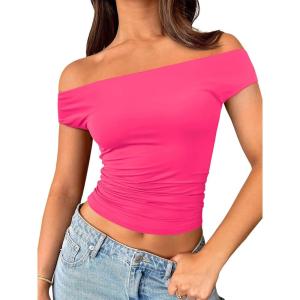 imageTrendy Queen Off The Shoulder Tops for Women Going Out Y2K Summer Cute Shirts Sexy 2026 Double Lined Date Club OutfitsHotpink