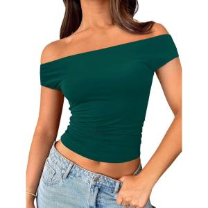 imageTrendy Queen Off The Shoulder Tops for Women Going Out Y2K Summer Cute Shirts Sexy 2026 Double Lined Date Club OutfitsInkgreen