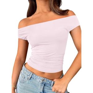 imageTrendy Queen Off The Shoulder Tops for Women Going Out Y2K Summer Cute Shirts Sexy 2026 Double Lined Date Club OutfitsPink