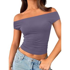 imageTrendy Queen Off The Shoulder Tops for Women Going Out Y2K Summer Cute Shirts Sexy 2026 Double Lined Date Club OutfitsPurple