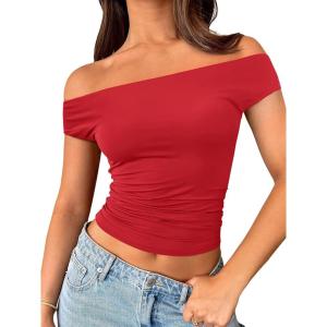 imageTrendy Queen Off The Shoulder Tops for Women Going Out Y2K Summer Cute Shirts Sexy 2026 Double Lined Date Club OutfitsRed