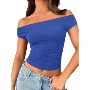 imageTrendy Queen Off The Shoulder Tops for Women Going Out Y2K Summer Cute Shirts Sexy 2026 Double Lined Date Club OutfitsRoyalblue