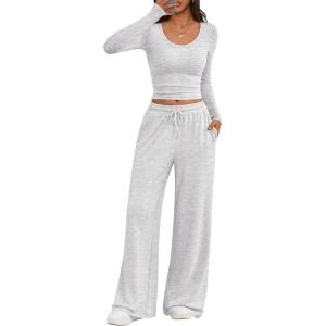 imageTrendy Queen Women 2 Piece Matching Lounge Sets Clothing Wide Leg Pants 2026 Y2K Sweatsuits Spring Travel Airport OutfitOatmeal Grey