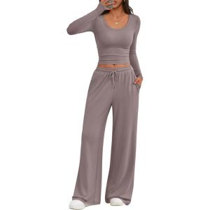 imageTrendy Queen Women 2 Piece Matching Lounge Sets Clothing Wide Leg Pants 2026 Y2K Sweatsuits Spring Travel Airport OutfitRose Taupe