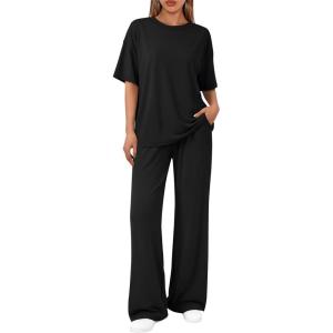 imageTrendy Queen Women 2 Piece Matching Summer Lounge Sets Clothing 2026 Short Sleeve Oversized Shirts amp Pants Travel OutfitBlack