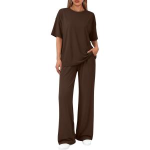 imageTrendy Queen Women 2 Piece Matching Summer Lounge Sets Clothing 2026 Short Sleeve Oversized Shirts amp Pants Travel OutfitCocoa