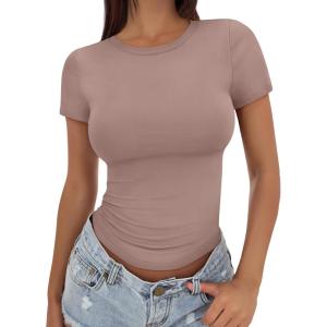 imageTrendy Queen Womens Basic T Shirts Summer Tops 2026 Crop Short Sleeve Slim Fit Tee Cute Gym Workout ClothesGrayishpurple