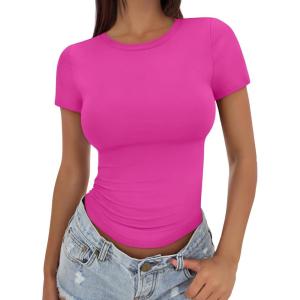 imageTrendy Queen Womens Basic T Shirts Summer Tops 2026 Crop Short Sleeve Slim Fit Tee Cute Gym Workout ClothesHotpink