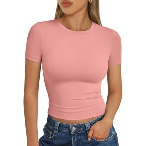 imageTrendy Queen Womens Short Sleeve T Shirts Summer Crop Tops Basic Slim Fit Gym Workout Y2k ClothesPeach Pink