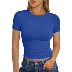 imageTrendy Queen Womens Short Sleeve T Shirts Summer Crop Tops Basic Slim Fit Gym Workout Y2k ClothesRoyal Blue