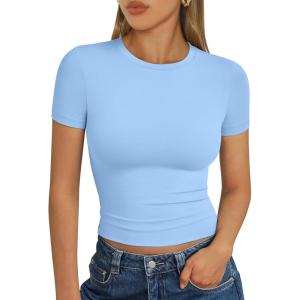 imageTrendy Queen Womens Short Sleeve T Shirts Summer Crop Tops Basic Slim Fit Gym Workout Y2k ClothesSky Blue