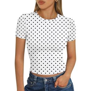 imageTrendy Queen Womens Short Sleeve T Shirts Summer Crop Tops Basic Slim Fit Gym Workout Y2k ClothesWhite Dots