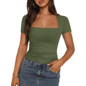 imageTrendy Queen Womens Square Neck Tops Short Sleeve Shirts Double Lined Workout Summer Clothes Casual Slim Fit TShirtsArmygreen