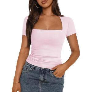 imageTrendy Queen Womens Square Neck Tops Short Sleeve Shirts Double Lined Workout Summer Clothes Casual Slim Fit TShirtsBabypink