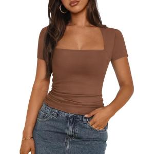 imageTrendy Queen Womens Square Neck Tops Short Sleeve Shirts Double Lined Workout Summer Clothes Casual Slim Fit TShirtsCoffee