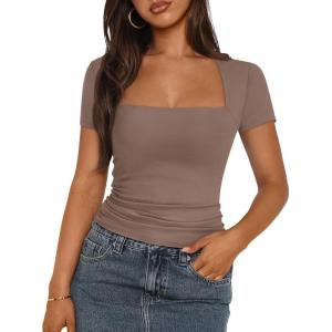 imageTrendy Queen Womens Square Neck Tops Short Sleeve Shirts Double Lined Workout Summer Clothes Casual Slim Fit TShirtsCoffeegrey