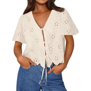 imageTrendy Queen Womens Summer Tops Cute Boho Blouses Beach Vacation Spring Outfits 2026 Tie Front Eyelet Embroidered ClothesApricot