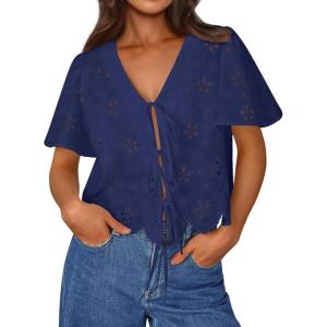 imageTrendy Queen Womens Summer Tops Cute Boho Blouses Beach Vacation Spring Outfits 2026 Tie Front Eyelet Embroidered ClothesDark Blue