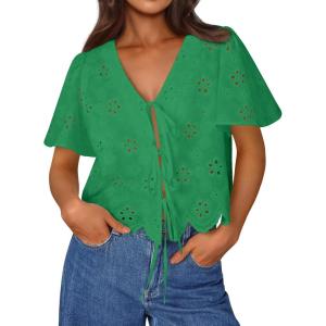 imageTrendy Queen Womens Summer Tops Cute Boho Blouses Beach Vacation Spring Outfits 2026 Tie Front Eyelet Embroidered ClothesGreen