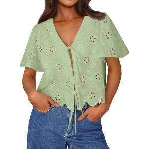 imageTrendy Queen Womens Summer Tops Cute Boho Blouses Beach Vacation Spring Outfits 2026 Tie Front Eyelet Embroidered ClothesLight Green