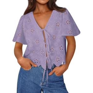 imageTrendy Queen Womens Summer Tops Cute Boho Blouses Beach Vacation Spring Outfits 2026 Tie Front Eyelet Embroidered ClothesLight Purple