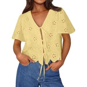 imageTrendy Queen Womens Summer Tops Cute Boho Blouses Beach Vacation Spring Outfits 2026 Tie Front Eyelet Embroidered ClothesLight Yellow