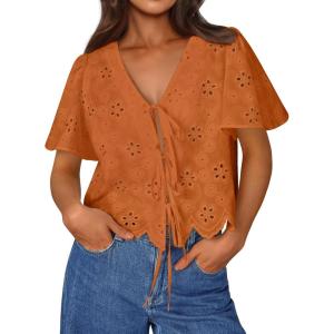 imageTrendy Queen Womens Summer Tops Cute Boho Blouses Beach Vacation Spring Outfits 2026 Tie Front Eyelet Embroidered ClothesOrange