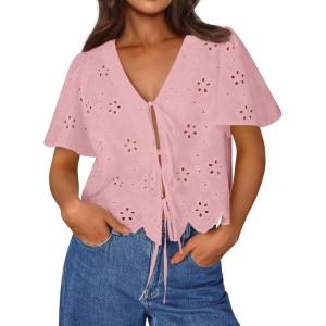 imageTrendy Queen Womens Summer Tops Cute Boho Blouses Beach Vacation Spring Outfits 2026 Tie Front Eyelet Embroidered ClothesPink