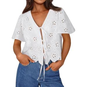imageTrendy Queen Womens Summer Tops Cute Boho Blouses Beach Vacation Spring Outfits 2026 Tie Front Eyelet Embroidered ClothesWhite