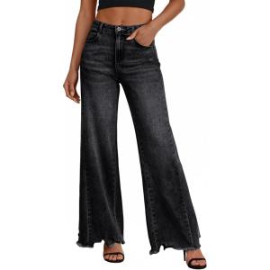 imageTrendy Queen Womens Wide Leg Jeans Stretchy High Waisted Straight Leg with Raw Hem Baggy Denim PantsBlack